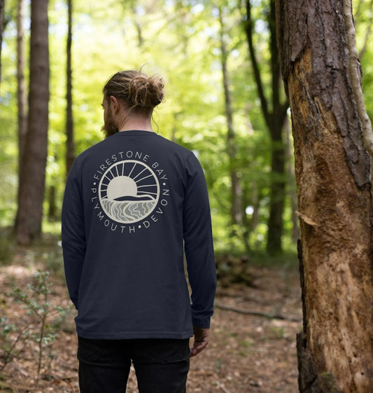 A long sleeved Firestone Bay T-shirt for Plymouth and Devon sea swimmers and water lovers. In Navy.